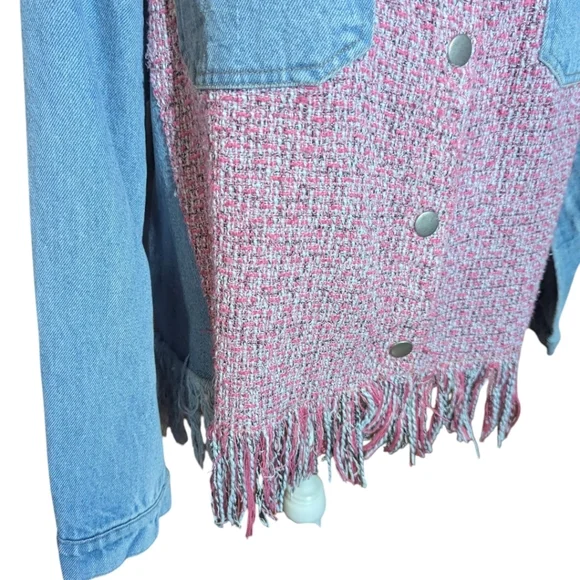 Umgee Tweed Jacket Pink/ Blue Denim Fringe Hem Cotton Hippie Festival Sz M - Picture 5 of 11